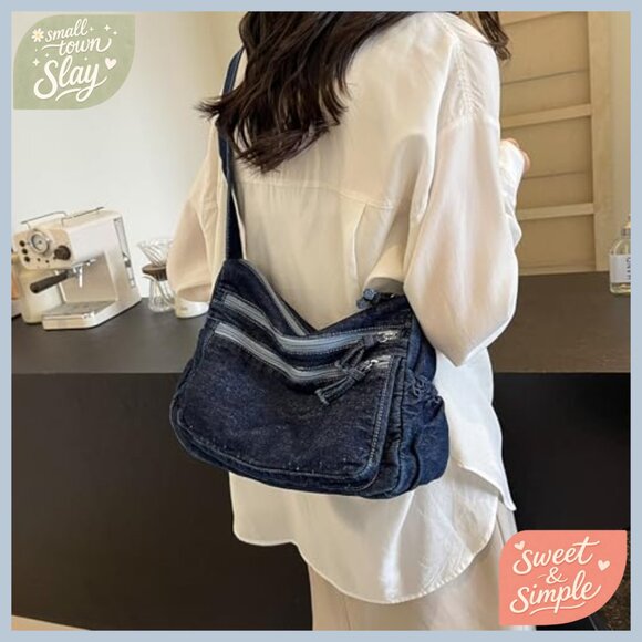 Denim Hobo Shoulder Bag with Adjustable Strap, Zipper Closure, Multiple Pockets - Picture 2 of 7